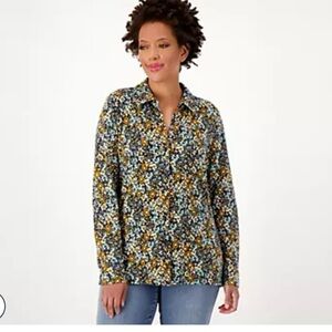 DENIM & CO. Printed Heavenly Jersey Button Front Shirt SIZE Large EUC